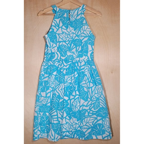 Ann Taylor Aqua Blue Leaf Pattern Halter Summer Dress Women's Petite 2 - Picture 2 of 3